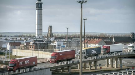 Des camions à l'entrée du port de Calais (Pas-de-Calais), le 22 novembre 2016. (PHILIPPE HUGUEN / AFP)