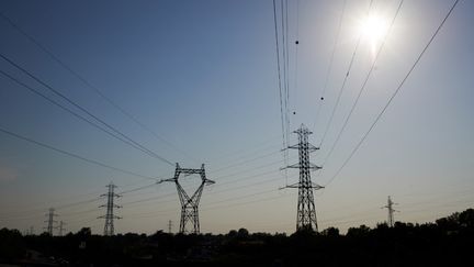 Des câbles électriques à haute tension, près de Toulouse (Haute-Garonne), le 21 juillet 2022. (ALAIN PITTON / NURPHOTO / AFP)