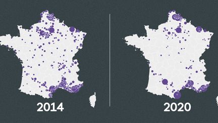 L'évolution du nombre de conseillers municipaux RN entre 2014 et 2020. (FRANCEINFO)