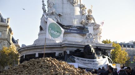 A Paris, les agriculteurs ont d&eacute;vers&eacute; des monceaux de pommes de terre, le 5 novembre, place de la R&eacute;publique &agrave; Paris, &agrave; l'appel de la FNSEA. (THOMAS SAMSON / AFP)