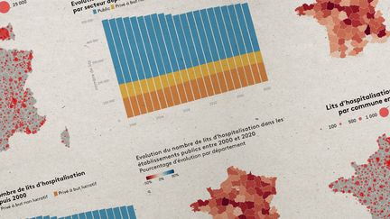 L'évolution du nombre de lits d'hôpitaux dans les établissements publics et leur répartition sur le territoire, entre 2000 et 2020. (JESSICA KOMGUEN / FRANCEINFO)