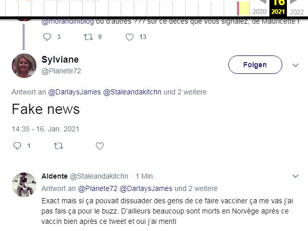 L'auteur du compte à l'origine de la rumeur sur la mort de Mauricette reconnaît avoir inventé cette histoire (Capture d'écran Twitter)