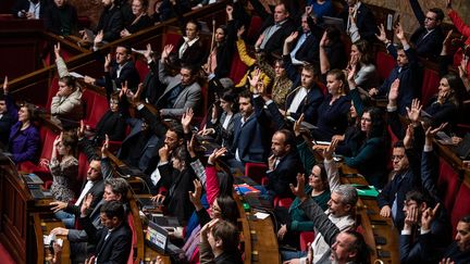 Des députés du Nouveau Front populaire à l'Assemblée nationale à Paris, le 28 novembre 2024. (ANDREA SAVORANI NERI / NURPHOTO / AFP)