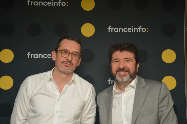 Erik Kervellec, directeur de la redaction de franceinfo et Assaël Adary, patron de la société Occurrence. (JEAN-CHRISTOPHE BOURDILLAT / RADIO FRANCE)