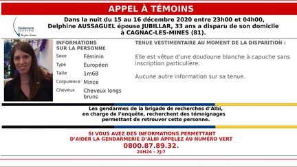 L'appel à témoin diffusé le 21 décembre 2020 par la gendarmerie nationale pour retrouver Delphine Jubillar. (- / GENDARMERIE NATIONALE)