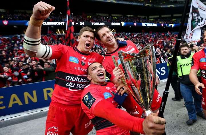 Le RCT a remport&eacute; sa troisi&egrave;me Coupe d'Europe, le 2 mai 2015 &agrave; Londres (Royaume-Uni) gr&acirc;ce notamment &agrave; ses Sud-Africains Juan Smith, Bryan Habana, et Bakkies Botha. (SIPANY / SIPA / SIPA USA)