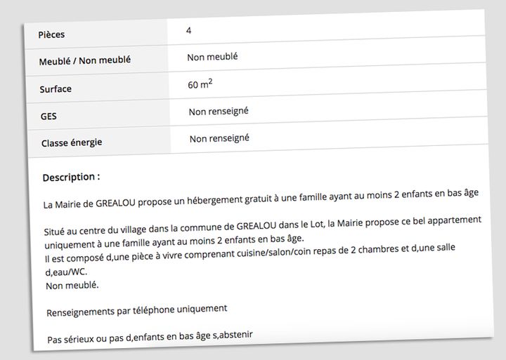 Le contenu de l'annonce postée par la mairie de Grélaou, dans le Lot, le 3 février 2018. (CAPTURE D'ÉCRAN LEBONCOIN)