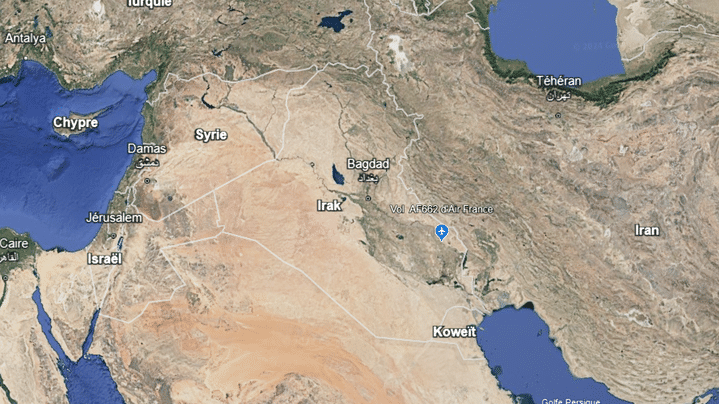 Le vol AF662 d'Air France survolait l'Irak à 16h45, au moment où l'Iran a débuté son attaque de missiles à destination d'Israël. (GOOGLE EARTH)