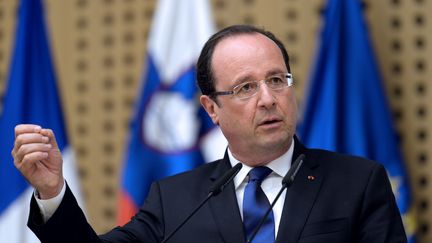 Fran&ccedil;ois Hollande, lors d'une conf&eacute;rence de presse commune avec son homologue slov&egrave;ne Borut Pahor, &agrave; Brdo pri Kranju, pr&egrave;s de Ljubljana, en marge du sommet des pays des Balkans occidentaux, le 25 juillet 2013. (BERTRAND GUAY / AFP)