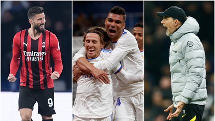 Olivier Giroud (AC Milan), Luka Modric (Real Madrid) et Thomas Tuchel (Cheslea) grands acteurs du week-end du football européen les 5 et 6 mars 2022. (Giuseppe Maffia / NurPhoto / NurPhoto via AFP - DAX Images / NurPhoto / NurPhoto via AFP - Action Foto Sport / NurPhoto / NurPhoto via AFP)