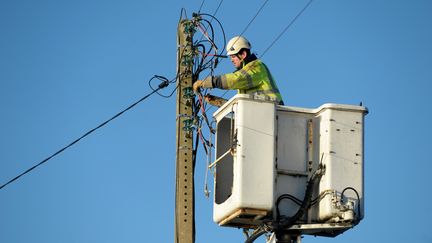 Un technicien répare une ligne électrique à Tregunc (Finistère), le 13 janvier 2017. (FRED TANNEAU / AFP)