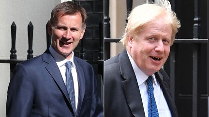 Le chef de la diplomatie britannique Jeremy Hunt (à gauche) et l'ancien maire de Londres Boris Johnson (à droite) sont les derniers prétendants pour remplacer Theresa May à la tête du Parti conservateur britannique et au poste de Premier ministre.&nbsp; (STF / AFP)