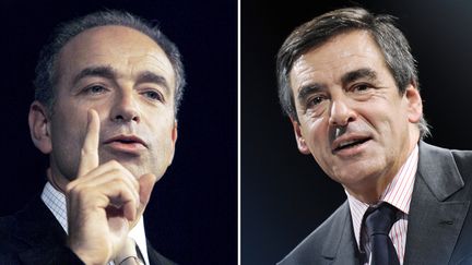 Candidats &agrave; la pr&eacute;sidence de l'UMP, Jean-Fran&ccedil;ois Cop&eacute; et Fran&ccedil;ois Fillon vont d&eacute;battre sur France 2, le 25 octobre 2012. (NICOLAS TUCAT / XAVIER LEOTY / AFP)