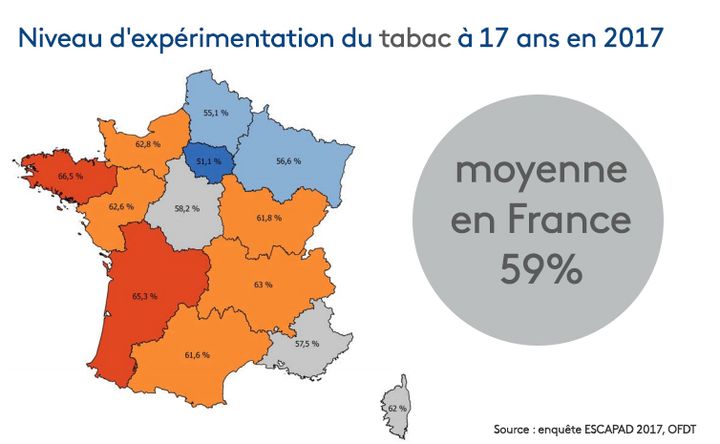 Niveau d’expérimentation du&nbsp;tabac à 17 ans en 2017 /&nbsp;Source : enquête ESCAPAD 2017, OFDT (RADIO FRANCE / FRANCEINFO / STEPHANIE BERLU)