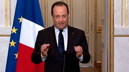 Le pr&eacute;sident Fran&ccedil;ois Hollande s'adresse aux Fran&ccedil;ais sur l'affaire Cahuzac, au palais de l'Elys&eacute;e, &agrave; Paris, le 3 avril 2013.&nbsp; (FRANCE 2)
