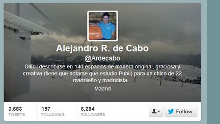 Capture d'&eacute;cran de la page de profil Twitter d'Alejandro de Cabo, r&eacute;alis&eacute;e le 14 mars 2013. ( FRANCETV INFO)