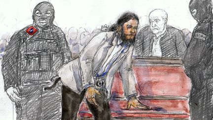 Un dessin représentant&nbsp;Salah Abdeslam au palais de justice lors de son procès à Bruxelles, le 5 février 2018. (BENOIT PEYRUCQ / AFP)