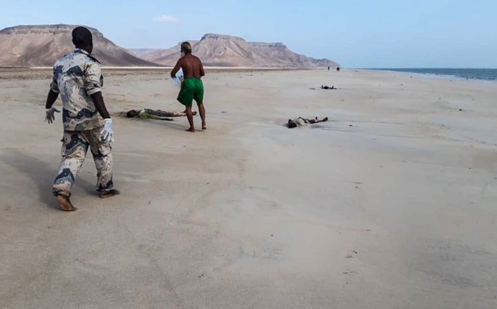 Le 29 janvier 2019, des sauveteurs relèvent les corps de migrants que la mer a rejetés, après le naufrage de leur embarcation au large d'Obock, en épublique de Djibouti. (- / AFP)