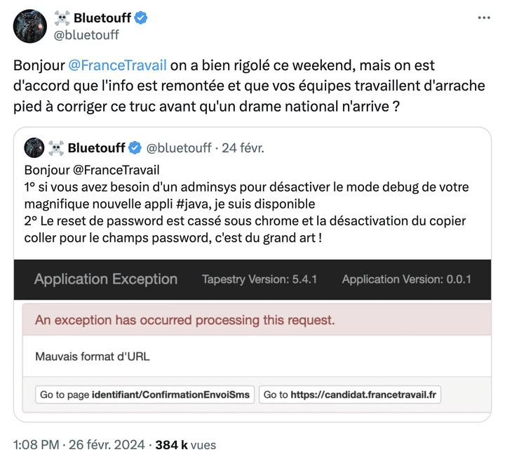 Capture d'écran d'un Tweet de @Bluetouff demandant à France Travail s'ils ont bien pris en compte son alerte, le 24 février 2024. (X (ex-TWITTER))