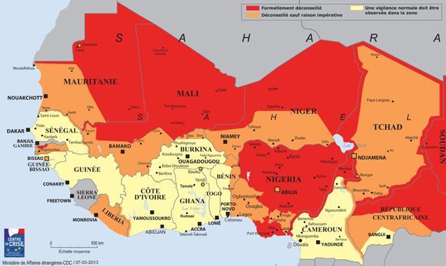 Les zones en rouge sont formellement d&eacute;conseill&eacute;es, celles en orange sont d&eacute;conseill&eacute;es sauf raison imp&eacute;rative et une vigilance normale doit &ecirc;tre observ&eacute;e dans les zones en jaune. (MINISTERE DES AFFAIRES ETRANGERES / FRANCETV INFO)