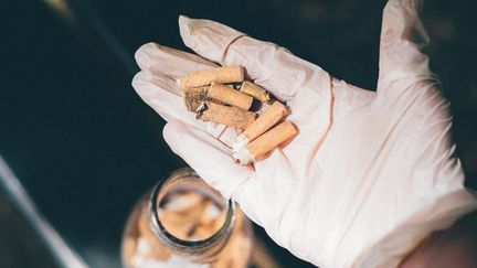 Des mégots de cigarettes à Paris, le 29 mai 2021. (DELPHINE LEFEBVRE / HANS LUCAS / AFP)