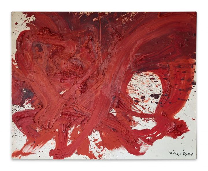 Kazuo Shiraga,&nbsp;Chizensei Kirenji&nbsp;[Le combattant chinois Du Xing dit Face de Démon], 1961.&nbsp;Huile sur toile, 130 × 162 cm (© The Estate of Kazuo Shiraga.Courtesy of Fergus McCaffrey, New York / St. Barth. © Jan Liégeois / courtesy Axel & May Vervoordt Foundation)