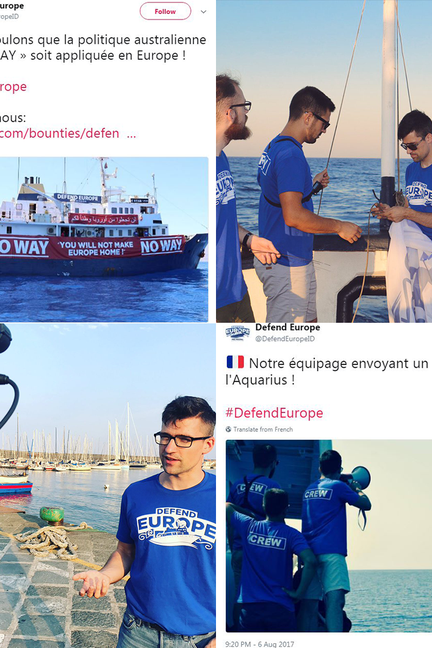 Captures d'écran de messages et photos publiés sur Twitter par les membres de la mission "Defend Europe", en juillet et août 2017 (DEFEND EUROPE / FRANCEINFO)