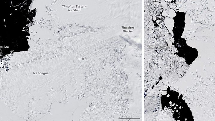 Cette composition de deux clichés pris par des satellites de la NASA permettent de comparer l'état du glacier Thwaites, à la date du 2 décembre 2001 à gauche, et à la date du 28 décembre 2019 à droite.&nbsp;&nbsp; (NASA HANDOUT / MAXPPP)