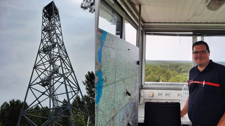 Thibault et l'une des 21 tours de guet en Gironde, au Temple. (ALAIN GASTAL / FRANCEINFO / RADIO FRANCE)