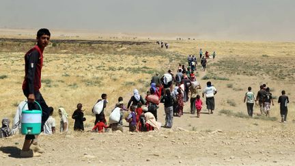 Des milliers de Yezidis, bloqu&eacute;s par les jihadistes dans les montagnes du Sinjar, dans le nord de l'Irak, tentent de fuir les jihadistes de l'Etat Islamique, samedi 9 ao&ucirc;t 2014.&nbsp; (EMRAH YORULMAZ / ANADOLU AGENCY / AFP)