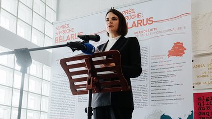 Svetlana Tikhanovskaia en visite en France, donne une conférence de presse à la Maison des journalistes à Paris, le 15 septembre 2021.&nbsp; (JAN SCHMIDT-WHITLEY/LE PICTORIUM / MAXPPP)