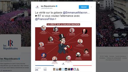 Les Républicains ont posté sur Twitter une caricature polémique d'Emmanuel Macron, vendredi 10 mars, avant de supprimer le tweet. (LES REPUBLICAINS / TWITTER)