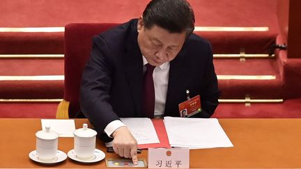 Le président chinois Xi Jinping, à Pékin, le 11 mars 2021. (NICOLAS ASFOURI / AFP)