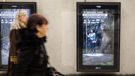 La campagne de lutte contre le harcèlement sexuel dans les transports en commun d'Île-de-France a été lancée à Paris le 5 mars 2018. (MAXPPP)