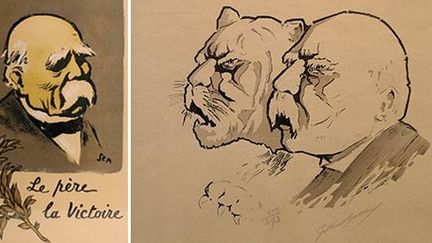 «Le père la victoire», lithographie (rehaussée d'aquarelle) de Georges Goursat, dit Sem, et «Clémenceau, le tigre», lithographie de G. Gautier (Historial de la Grande Guerre - Péronne, Somme, et © communiqué par l'Historial de la Grande Guerre). (Yazid Medmoun/CG80)