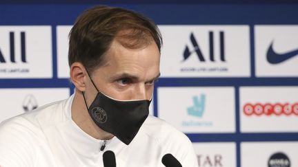 L'entraîneur Thomas Tuchel lors d'une conférence de presse après la rencontre entre le PSG et Strasbourg, le 23 décembre 2020 à Paris. (JEAN CATUFFE / JEAN CATUFFE / AFP)