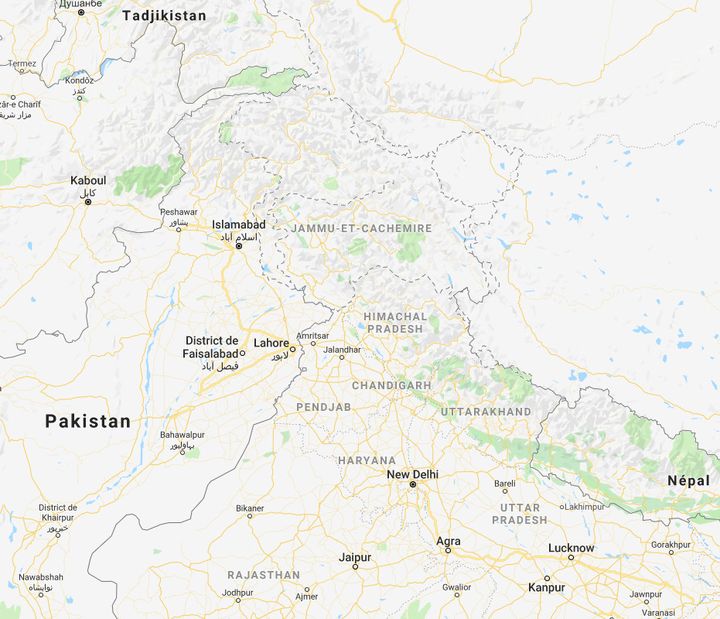 La région du Cachemire fait l'objet de conflits entre le Pakistan et l'Inde depuis la partition de l'empire colonial.&nbsp; (CAPTURE ECRAN GOOGLE MAPS)