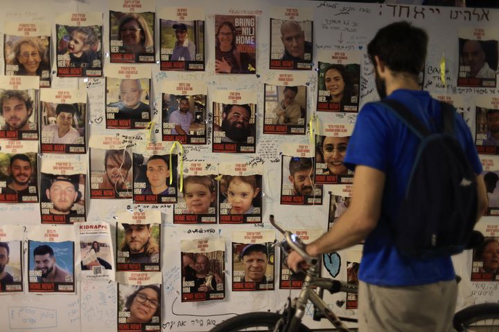 Photos of Hamas hostages during a gathering of relatives of these kidnapped people, November 2, 2023 in Tel Aviv (Israel).  (LAETITIA NOTARIANNI / HANS LUCAS / AFP)