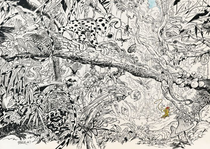 Marsupilami, La baignade de la Marsupilamie par Batem (2014) - encre de Chine et aquarelle liquide sur papier 
	70 x 50 cm
 (Batem / catalogue Sotheby&#039;s)