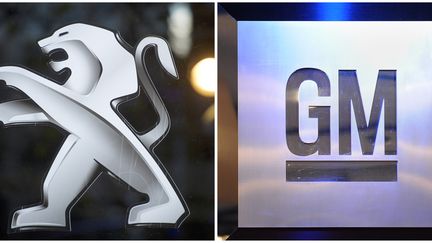 Les logos de Peugeot et de General Motors, groupes automobiles partenaires depuis le 29 f&eacute;vrier 2012. (LIONEL BONAVENTURE / AFP)