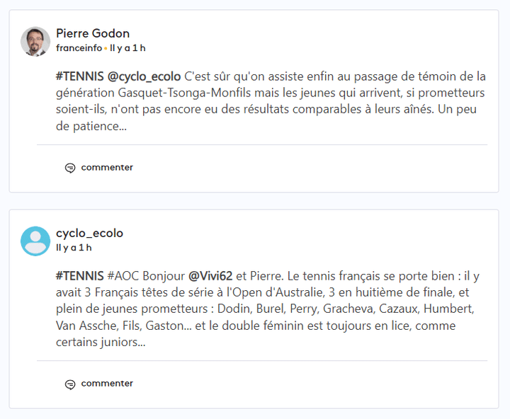 Pierre Godon échange ici avec un commentateur sur les chances de la nouvelle génération de joueurs de tennis français. (franceinfo)