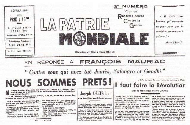 Second et dernier exemplaire de "La Patrie Mondiale", journal anti-militariste fondé par Pierre Bergé et Garry Davis.
