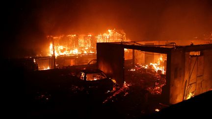 Des habitations et véhicules brûlent alors qu'un incendie ravage la ville de Vina del Mar, celèbre station balnéaire du Chili, le 2 février 2024. (JAVIER TORRES / AFP)