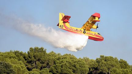 Un Canadair larguant de l'eau sur un incendie dans le Gard, le 31 juillet 2022. (RICHARD DE HULLESSEN / MAXPPP)