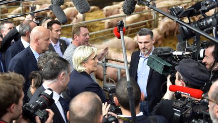 En déplacement de deux jours en Bretagne, Marine Le Pen a notamment&nbsp;été interrogée sur des déclarations de Manuel Valls dans l'Obs. (LOIC VENANCE / AFP)