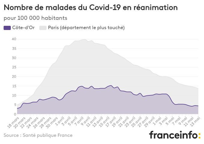 Nombre de malades du Covid-19 en réanimation pour 100 000 habitants. (FRANCEINFO)