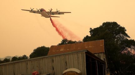 Un avion survole l'important incendie qui frappe la Californie, à Esparto (Californie, Etats-Unis), le 2 juillet 2018.&nbsp; (JUSTIN SULLIVAN / GETTY IMAGES NORTH AMERICA / AFP)