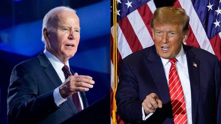 Le président américain Joe Biden s'exprimant lors d'un meeting de campagne à Las Vegas, Nevada, le 4 février 2024, et l'ex-président Donald Trump, s'exprimant lors d'un meeting à Concord, New Hampshire, le 19 janvier 2024. (SAUL LOEB,TIMOTHY A. CLARY / AFP)