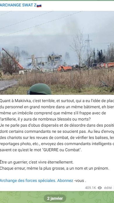 Capture d'écran d'un message diffusé lundi 2 janvier sur Télégram 2023 par Arkhangelsk Spenats Z. (CAPTURE D'ECRAN)