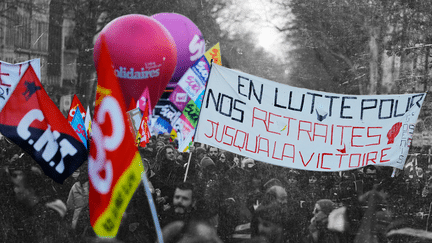 Une manifestation contre la réforme des retraites du premier quinquennat d'Emmanuel Macron, le 6 février 2020 à Paris. (THOMAS SAMSON / AFP / ELLEN LOZON / FRANCEINFO)